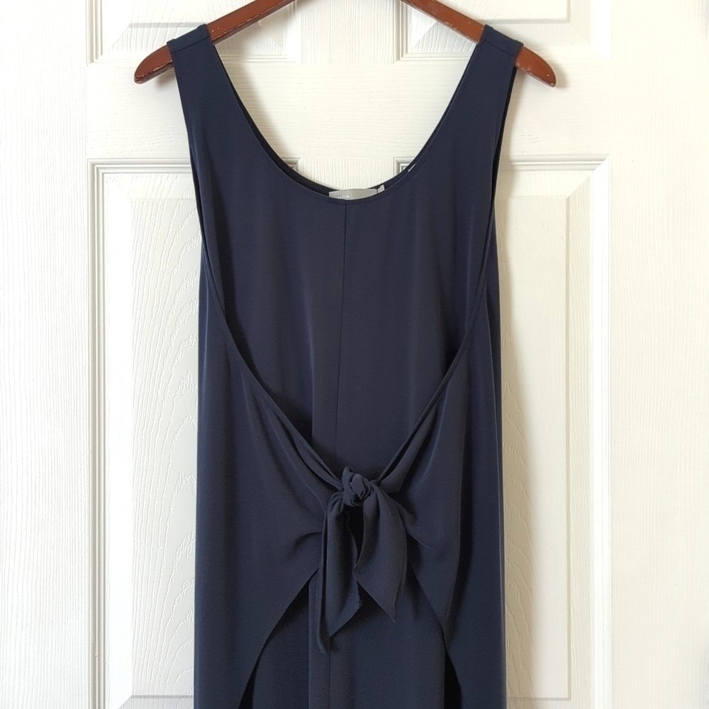 Vince Silky Sleeveless Scoop Neck Tie Front Midi Sheath Dress Coastal Navy M - Picture 2 of 15